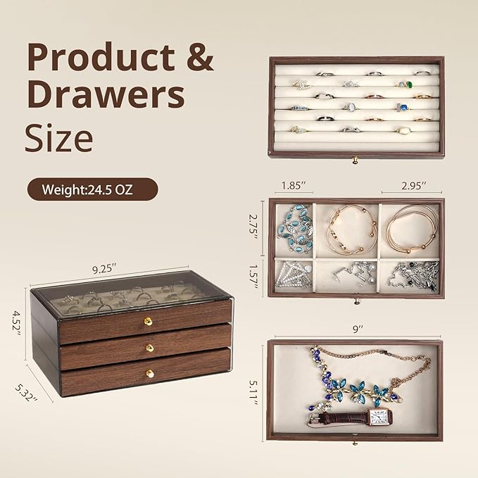 CLUQMEIK 3-layer Wooden Drawer Jewelry Organizers and Storage Box with Grey Acrylic Lid and Velvet Lining, Jewelry Box for Women and Girls to Store Rings Earrings Bracelets Necklaces
