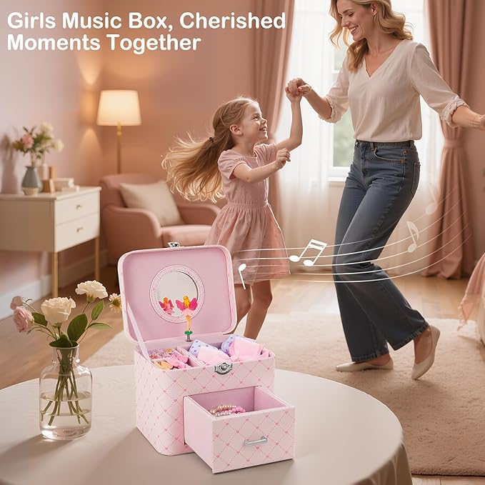 Basumee Musical Jewelry Box for Girls PU Leather Music Box with Drawer Large Kids Jewelry Organizer with Unicorn/Ballerina Jewelry Storage for Little Girls Ages 3–10, Birthday & Holiday Present