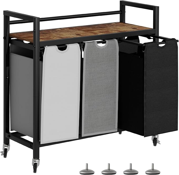 SwaaVee Laundry Hamper, Laundry Basket, Laundry Sorter with 3 Removable Bags, Clothes Basket with 3 Compartments, Wheels, Shelf for Laundry Room Bathroom Bedroom (3 Bags-Black Grey White)