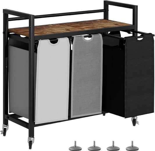 SwaaVee Laundry Hamper, Laundry Basket, Laundry Sorter with 3 Removable Bags, Clothes Basket with 3 Compartments, Wheels, Shelf for Laundry Room Bathroom Bedroom (3 Bags-Black Grey White)