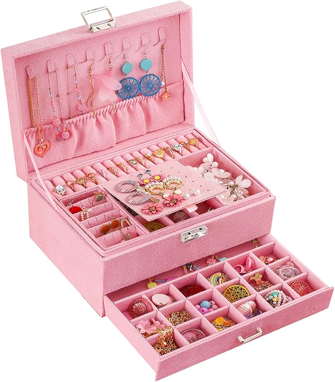 QBestry 3-Layer Jewelry Box for Girls & Teens with Lock and Key, Large Jewelry Organizer with 8 Necklace Hooks & 56 Earring Holes, Pink Velvet Jewelry Storage Box for Necklaces Earrings Rings Bracelet