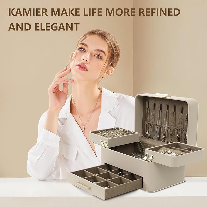 KAMIER Jewelry Box, Jewelry Organizer with Drawers, 3 Layers Jewelry Storage Organizer for Earring, Ring, Necklace, Bracelets, Gift for Women, Girls, Men, Black