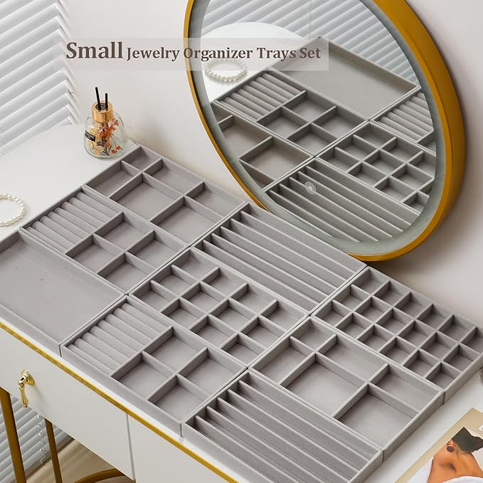 Stackable Jewelry Organizer Trays Set of 9, Small Velvet Jewelry Organizers Earring Necklace Ring Bracelet Display Case Storage for Drawer Dresser (Grey)