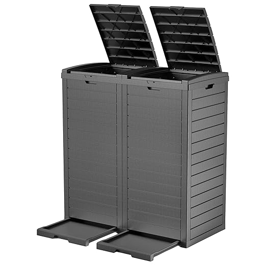 EFU 38 Gallon Outdoor Trash Can with Lid & Drip Tray, Dual Garbage Can for Patio Backyard Deck,Large Heavy Duty Waste Container Bin，Black