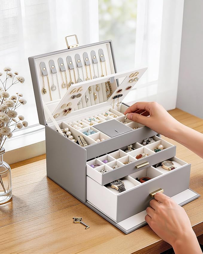 DesignSter Jewelry Box for Women Girl, 3-layer Lockable Jewelry Organizer with Mirror, Large Leather Jewelry Case for Earring Necklace Ring Bracelet Watch