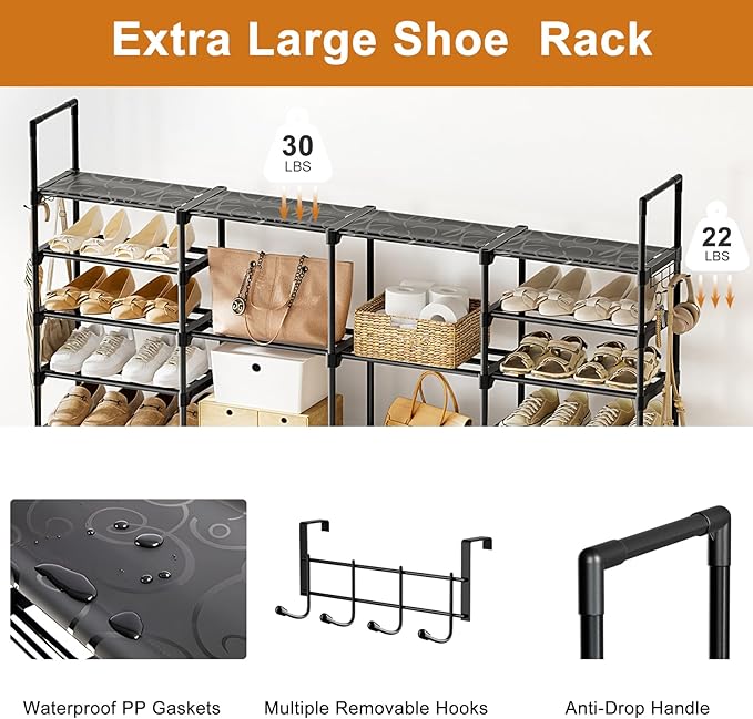 WOWLIVE 4 Row 10 Tiers Extra Large Shoe Rack Big Tall Metal Shoe Shelf, Heavy Duty Organizer for Closet Entryway, Boot Rack Storage Stackable Stand for Garage Black