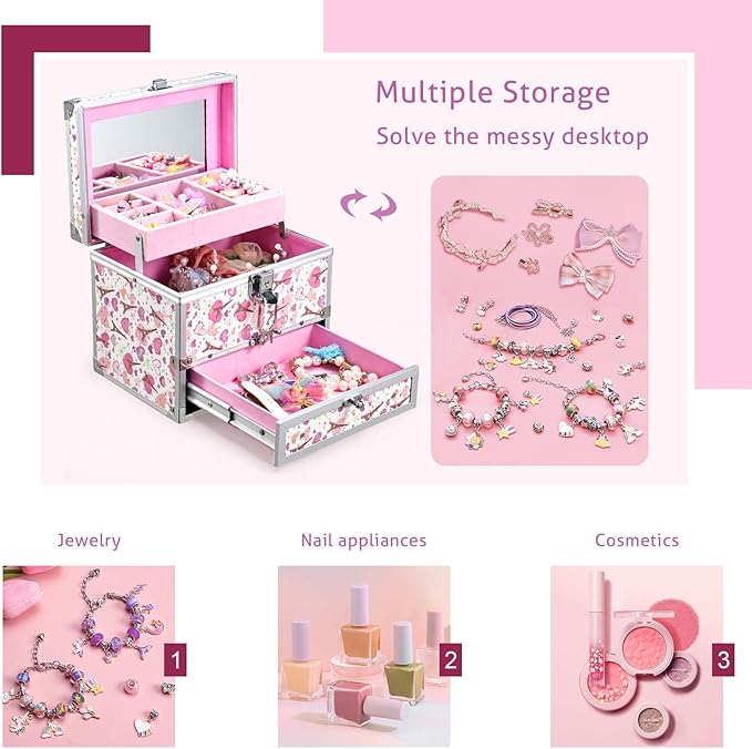 Hododou Girls Jewelry Box Organizer with Drawer & Mirror, Shiny Pink Style Lockable Storage Case for Kid or Little Girls Jewelry and Hair Accessories Pink Tower