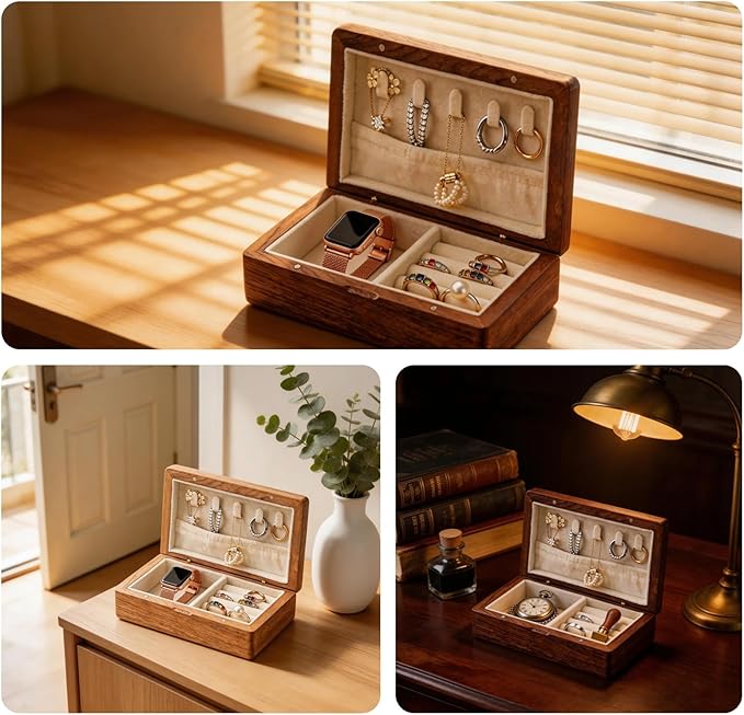 Small Wooden Jewelry Box | Versatile Mens Jewelry Box with Earring & Ring Organizer for Travel & Vanity Display