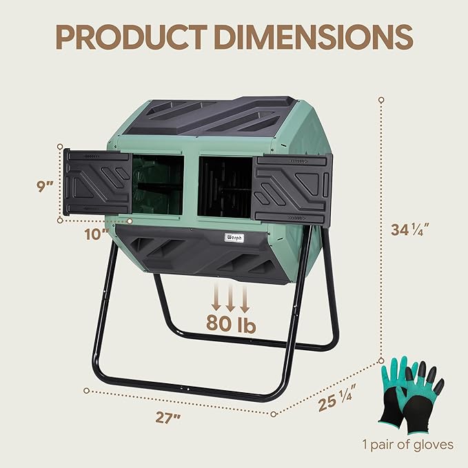 Werph Updated 43 Gallon Dual-Chamber Compost Bin, Fast Assembly Rotating Outdoor Compost Tumbler, Batch Composter with Gloves for Garden, Kitchen, and Yard Waste, Green & Black