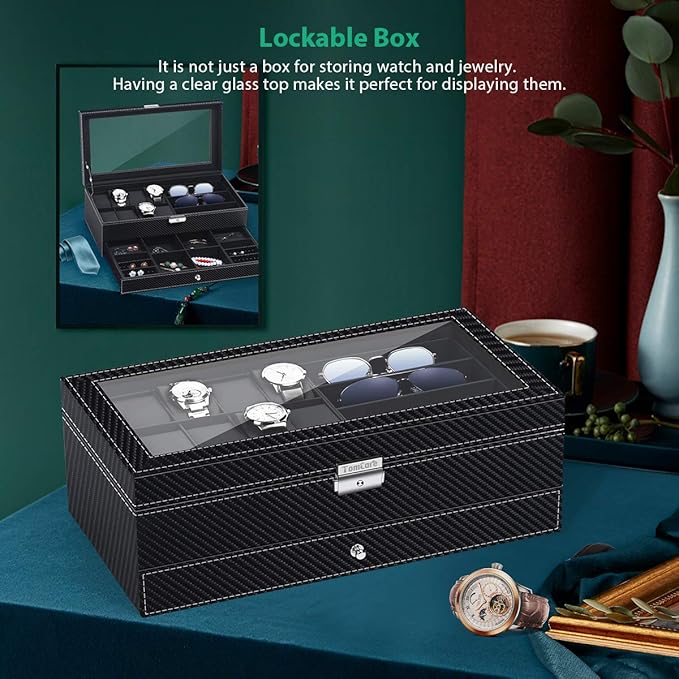 TomCare Watch Box Watch Case Watch Holder Organizer Jewelry Case Drawer Sunglasses Display Box Storage Earrings Storage Organizer Lockable with Glass Top and PU Leather for Men Women (All Black)