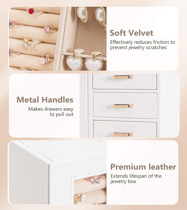 Homde Large Jewelry Box/Organizer/Case with Glass Window, Drawers for Necklaces Earrings Rings Bracelets Watches Gift for Women Girls