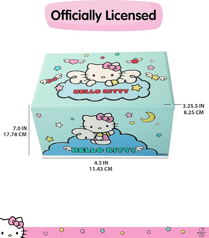 Hello Kitty Jewelry Box with Tray and Storage Official License, Blue Jewelry Box, Wood Jewelry Organizer, Sanrio Gifts (Blue)