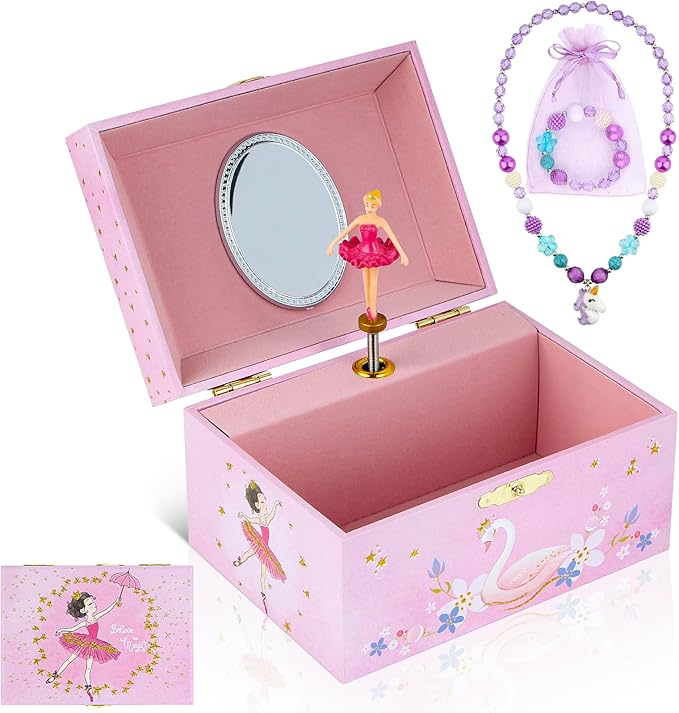 Girls' Musical Jewelry Box Organizer with Jewelry Set - glittering pink Spinning Ballerina Theme, Swan Lake Tune - Jewelry Storage and Music Box for Girls