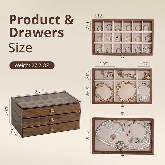 3 Layer Wooden Drawers Jewelry Box Vintage Style Jewelry Organizer with Acrylic Cover, Jewelry Storage Display Box for Ring Earrings Necklace Bracelet Box for Women and Girls(Walnut Color) (A)