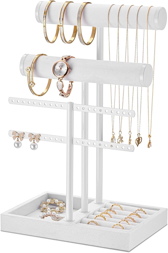 bussdis 3 Tier Bracelet Holder Display - Detachable T Bar Pure White Velvet Bracelet Holder, Jewelry Holder Organizer for Bracelet, Necklace, Earrings, Rings