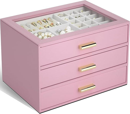 AKOZLIN Jewelry Box with Clear Lid Functional Leather Jewelry Storage Organizer Case 3 Drawers for Women Girls Necklace Ring Bracelet Earring