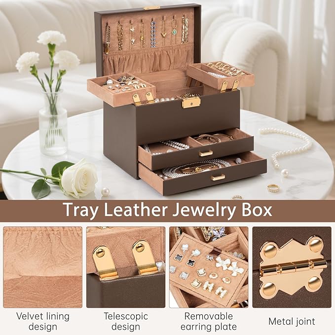 AKOZLIN Travel Jewelry Box Organizer Functional 2-trays Leather Jewelry Storage Case with Lockable Portable 2 Drawers for Women Girls Ring Necklace Earring Bracelet