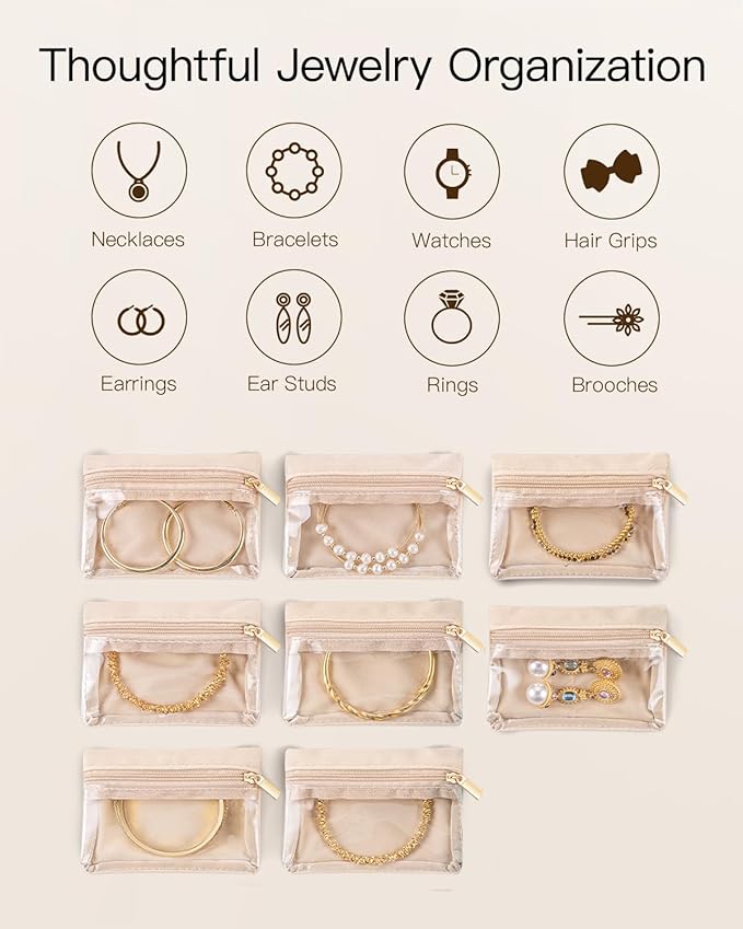 VLANDO Jewelry Travel Case,Travel Jewelry Organizer with Clear Velvet Jewelry Bags 8Pcs Zipper Pouch for Women Girl Gift-Green