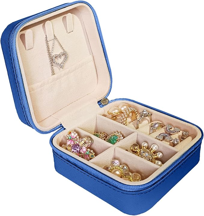 Small Travel Jewelry Box, Portable Mini Jewelry Leather Box Jewelry Ring Organizer Case Storage Holder Gift Boxes for Girls Women, Navy blue