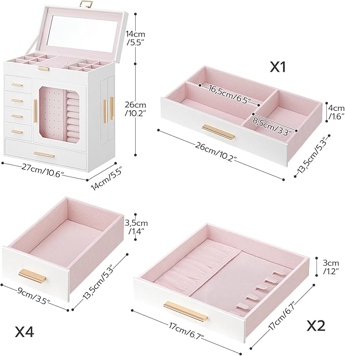 HOOBRO Jewelry Box with Mirror, Jewelry Organizer Box with Capacious Storage Space, Vertical Storage, Glass Cover, Modern Style, White and Light Gold WT06JB04G1