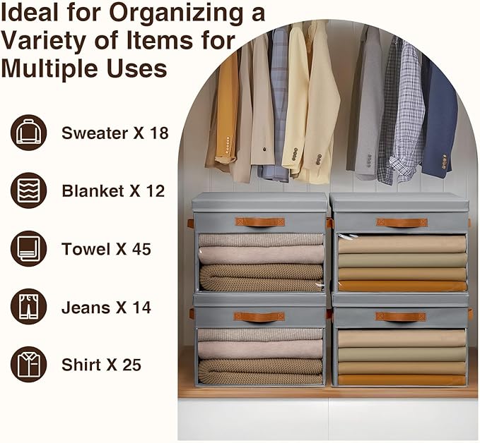 Homsorout Large Storage Bins with Lids - 4 Pack Foldable Decorative Organizers with Clear Windows & Handles, Cube Storage Organizers for Clothes, Blankets, Sweaters, Sheets, Grey
