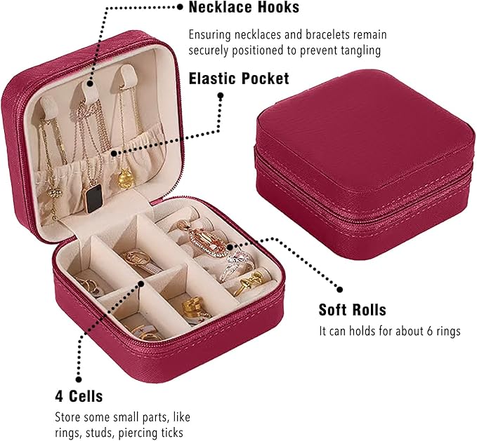 Small Travel Jewelry Box, Portable Mini Jewelry Leather Box Jewelry Ring Organizer Case Storage Holder Gift Boxes for Girls Women, Burgundy