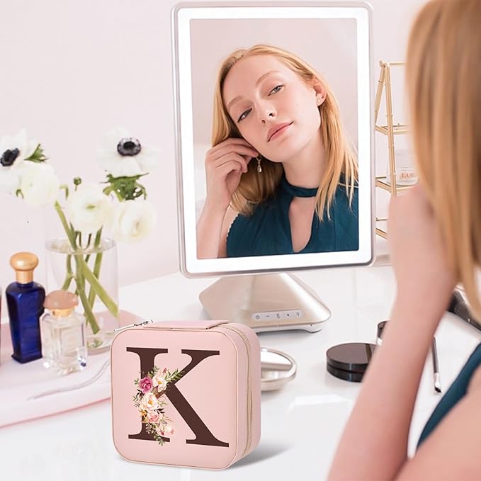 Inngeroo Christmas Gifts for Mom from Daughter Son, Personalized Birthday Giftware for Women, Mother Day Mom Gifts Small Travel Jewelry Box Travel Jewelry Organizer with Mirror, Initial K
