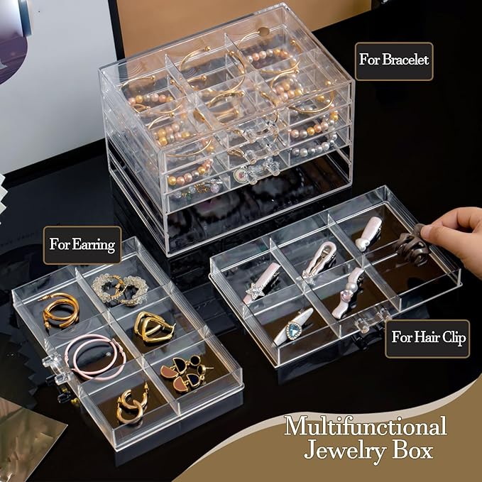 SPAKOWN Earring Organizer, Acrylic Earring Box Large 18 Compartments Jewelry Holder Organizer with 3 Drawers Stackable Earring Bracelet Storage Case Jewelry Boxes for Women (Clear)