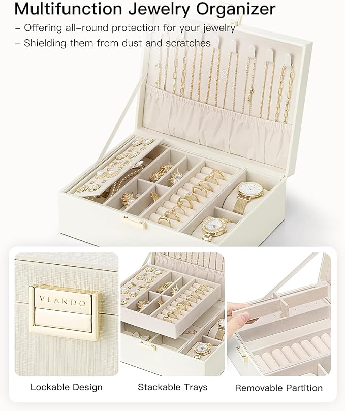 Vlando Jewelry Organizer,2 Layer Jewelry Box Large Jewelry Organizer for Women Removable Jewelery Tray with Watch Pillow for Necklace Earrings Rings Bracelets(Cream White)