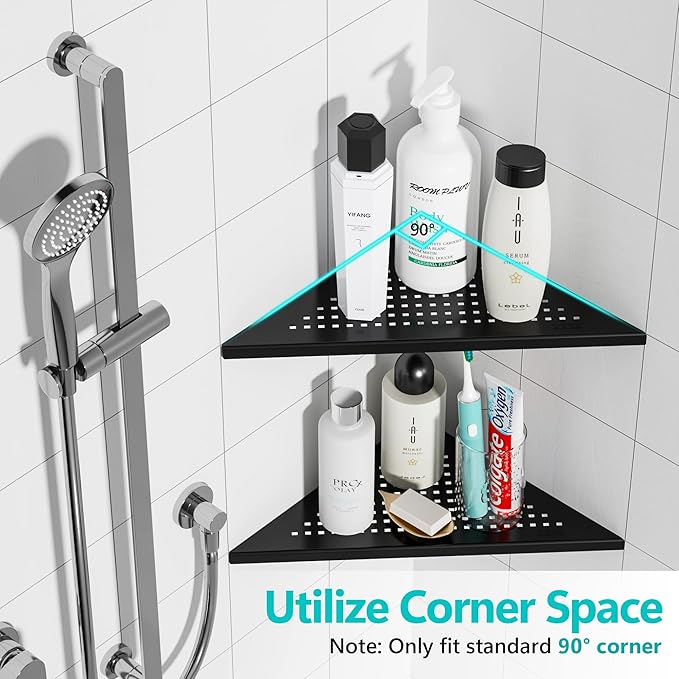 Qeke 2 Pack Bathroom Corner Shelf, Recessed 12" Corner Shower Shelf, SUS304 Stainless Steel Triangular Wall Mount, No Drilling, Matte Black