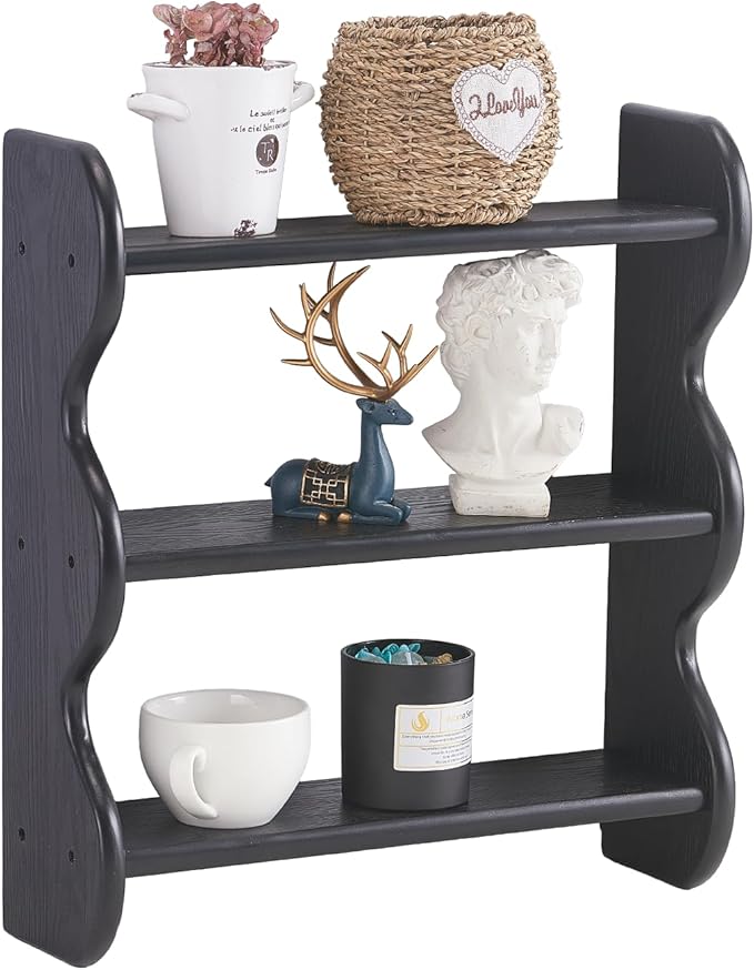 100% Solid Wood Floating Shelf, Vintage Wall Shelves Wall Mounted Storage Rack 3-Tier, Farmhouse Decor Hanging Shelf Display Shelves for Apartment, Living Room and Bedroom