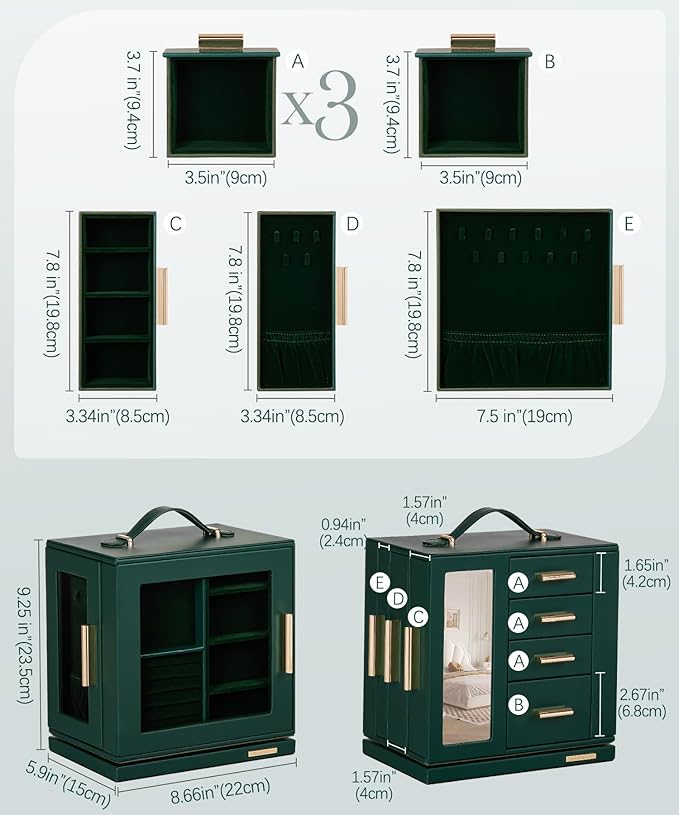 Homde Jewelry Box for Women Large: Rotating Organizer for Ring Earring Necklace Bracelet - 7 Drawers Storage for Dresser (Forest Green)
