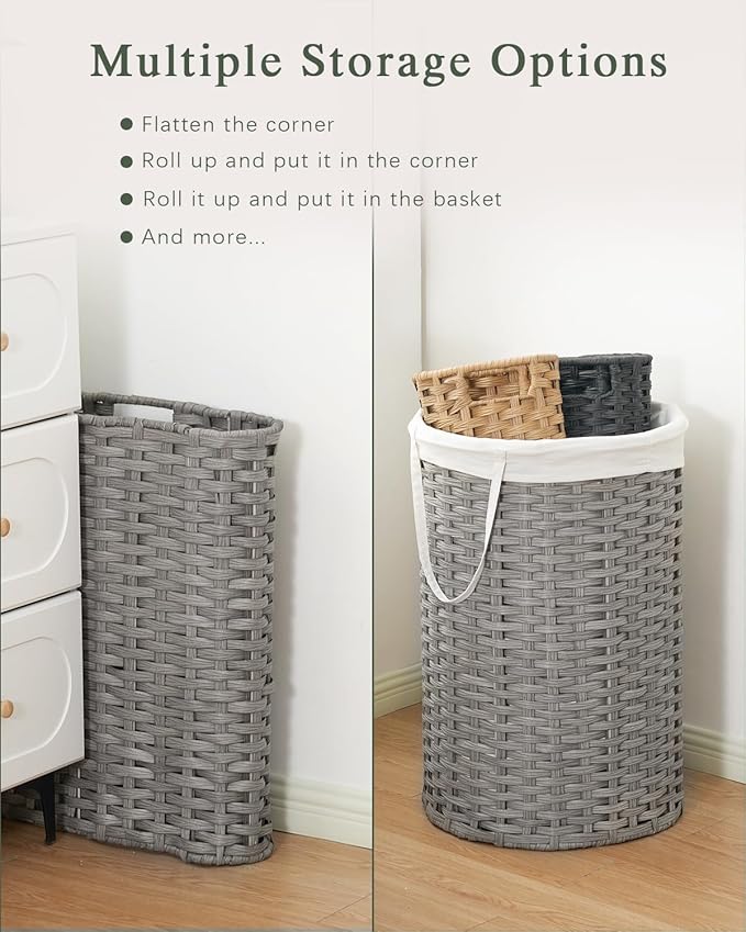 SETVSON Laundry Basket with Lid Round Rattan Laundry Hamper with Lid and Handles 29.1 Gal (110 L) Handwoven Woven Basket with Removable Bags and 2 Mesh Bags for Bathroom Living Room Gray