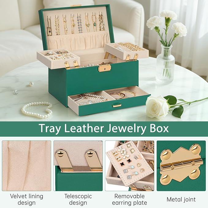 AKOZLIN Travel Jewelry Box Organizer Functional 2-trays Leather Jewelry Storage Case with Lockable Portable Drawer for Women Girls Ring Necklace Earring Bracelet