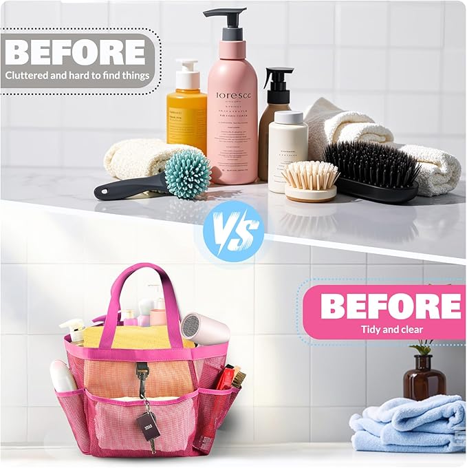 LOYEE Mesh Shower Caddy Portable for College Dorm Room Essentials with 8 Pockets, Shower Bag for Beach, Swimming, Gym, Travel, Bathroom(All rose pink)