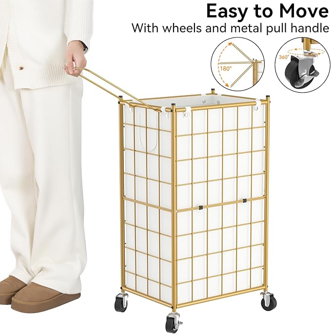 WOWLIVE Laundry Hamper with Wheels,Metal Wire Frame Rolling Laundry Basket with Removable bag,100L Dirty Clothes Hamper Organizer Dorm Room Storage for Bedroom,Bathroom,Golden