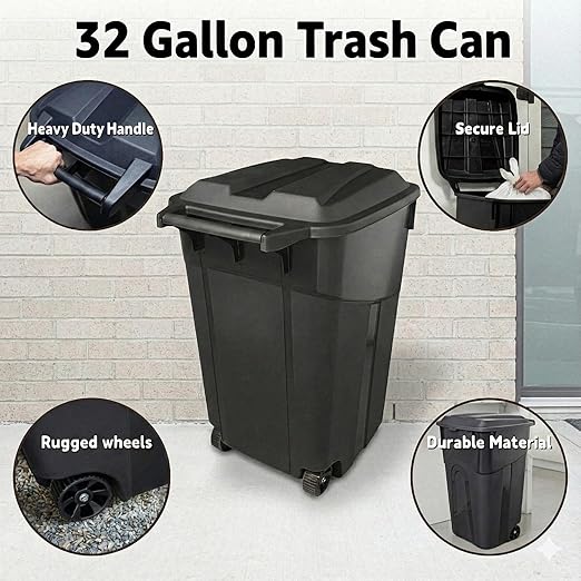 32 Gallon Outdoor Trash Can with Lid, Heavy-Duty Wheeled Garbage Bin for Backyard, Deck or Garage, Black, Can with Attached Snap Lock Lid and Heavy-Duty Handles (32 Gallon)
