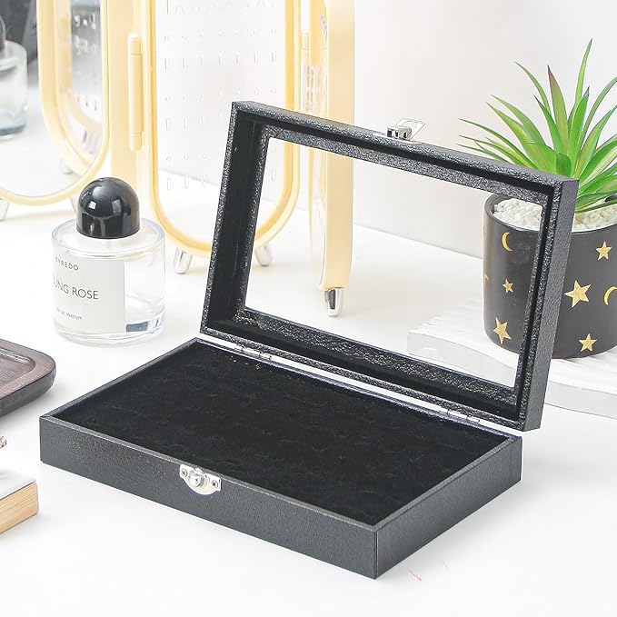 Ring Display Case,Jewelry Ring Organizer Box For Rings,Ring And Earring Holder Box For Girl,Velvet Ring Display Tray (Black, 30 slots)