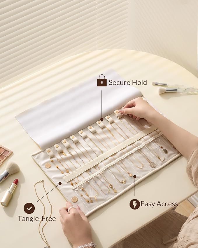 Lolalet Travel Necklace Organizer, Tangle-Free Necklace Case for Travel, Leather Foldable Roll Up Jewelry Storage Bag for Necklaces Chains Bracelets, Mothers Day Gift