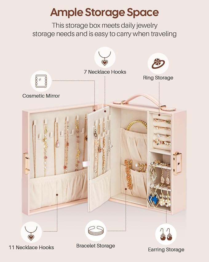 Enthralite Large Travel Jewelry Case: Portable Necklace Box with Mirror - PU Leather & Velvet Lined Jewelry Organizer for Ring Earring Bangle Bracelets Watch - Birthday Gift for Her