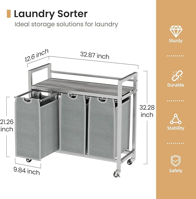 SwaaVee Laundry Hamper, Laundry Basket, Laundry Sorter with 3 Removable Bags, Clothes Basket with 3 Compartments, Wheels, Shelf for Laundry Room Bathroom Bedroom (3 Bags-Gray)