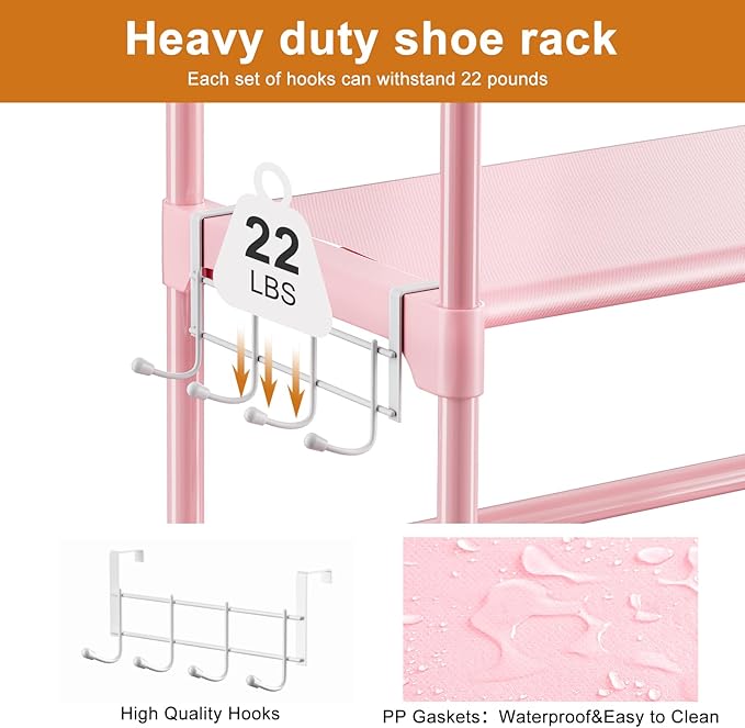 WOWLIVE 9 Tiers Large Shoe Rack White Shoe Rack Organizer for Closet 50-55 Pairs Stackable Heavy Duty Shoe Shelf Shoe Storage with Metal Pipes Plastic Pink