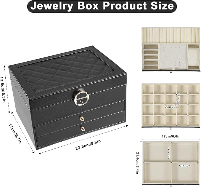 3-Layer Jewelry Box for Women, Jewelry Organizers and Storage with Removable Jewelry Tray, Vintage Quilted Top Lockable Jewelry Holder Gift Idea Black