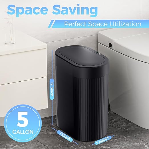 jinligogo 5 Gallon Bathroom Trash Can with Lid, Automatic Motion Sensor Black Trash Can, Touchless Slim Waterproof Garbage Bin for Kitchen, Bedroom, Office, and Bathroom
