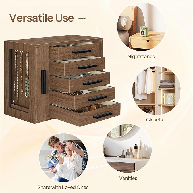 HOOBRO 5-Tier Jewelry Box, Wooden Jewelry Organizer with Transparent Windows, Jewelry Storage Box with 2 Vertical Drawers, for Earring, Necklace, Bracelet, Ring, Watch, Walnut and Black BH19JB04