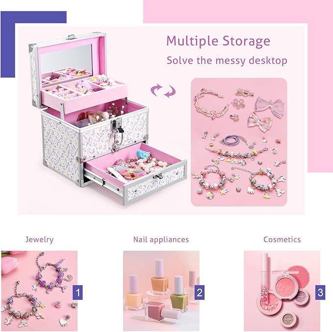 Hododou Girls Jewelry Box Organizer with Drawer & Mirror, Shiny Pink Style Lockable Storage Case for Kid or Little Girls Jewelry and Hair Accessories Lilac