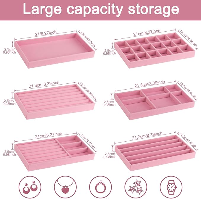 12Pcs Velvet Stackable Jewelry Trays, Jewelry Drawer Organizer, Large Removable Display Jewelry Tray, Necklace Bracelet Storage Box for Earring, Ring, Brooch, Watch (Pink)