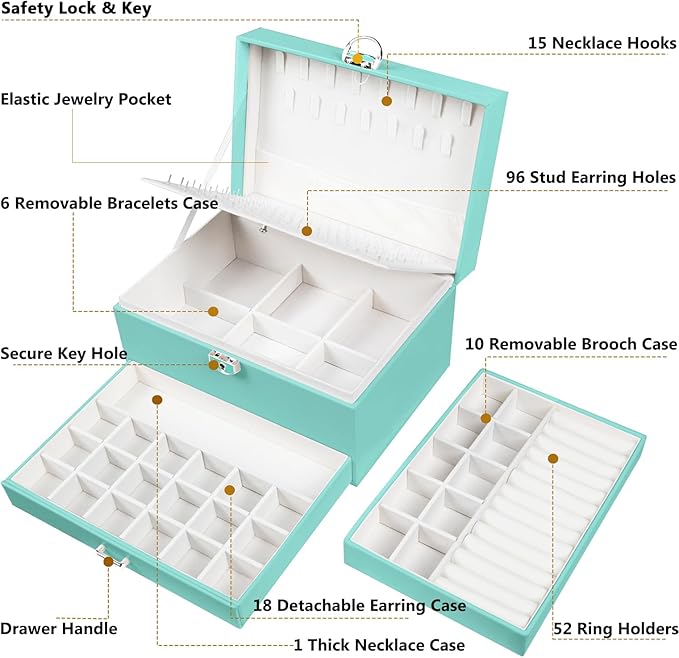 QBestry Earrings Jewelry Box for Girls, 5 Layers Jewelry Organizer with Earring Holder Organizer for Girls Earring Organizer Jewelry Boxes for Women Earrings and Necklaces Jewelry Box Organizer Teal