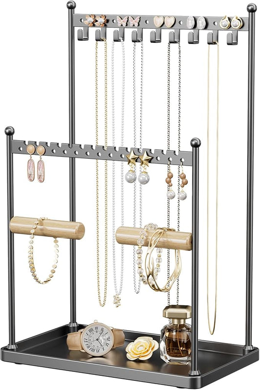 3 Tier Black Jewelry Stand, Necklace Organizer, Earring Holder with 44 Holes and 9 Hooks, for Necklaces, Bracelets, Rings
