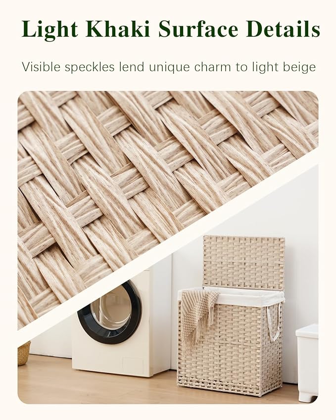 SETVSON Laundry Hamper with Lid Wicker Laundry Basket 112 L (29.6 Gal) Laundry Hampers Handwoven Rattan Clothes Hamper with Handles 3 Removable Liner Bag, 6 Mesh Bags for Bathroom Bedroom Light Khaki